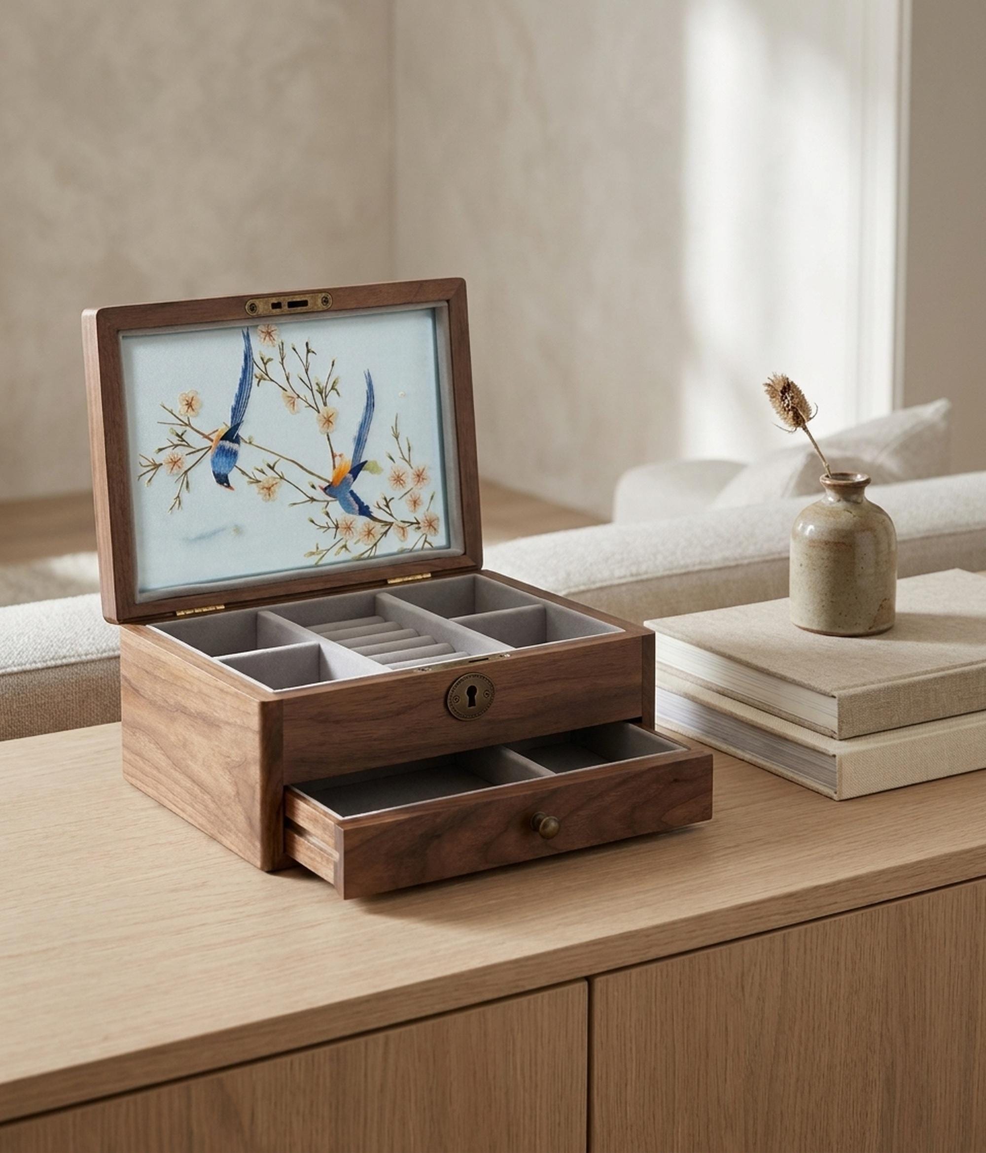 Magpie & Blossom Hand-Embroidered Silk Panel — Walnut Jewellery Box