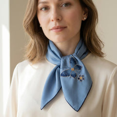 Dusty Blue Mulberry Silk Scarf — Hand-Embroidered Butterfly