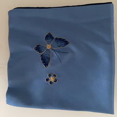 Dusty Blue Mulberry Silk Scarf — Hand-Embroidered Butterfly