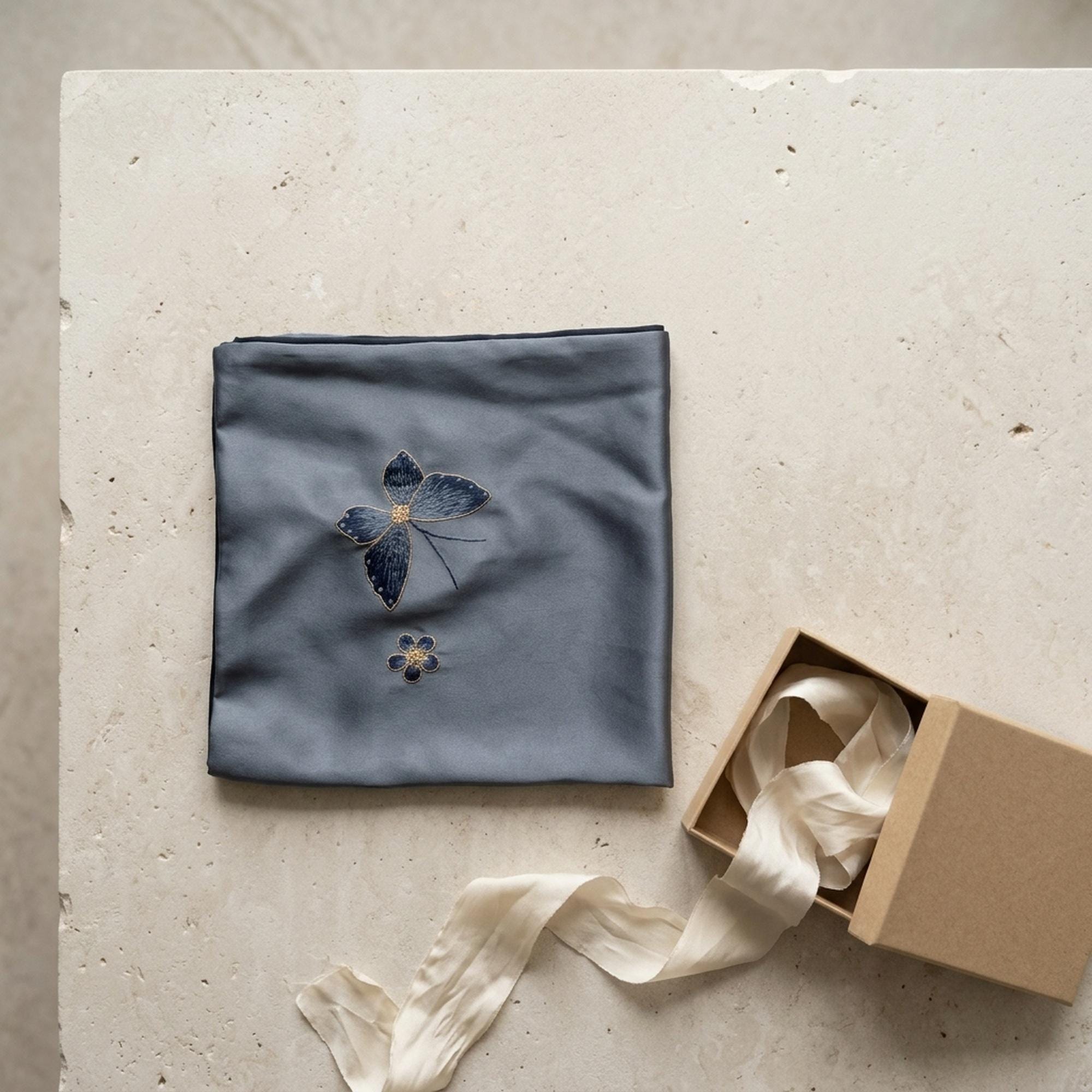 Dusty Blue Mulberry Silk Scarf — Hand-Embroidered Butterfly