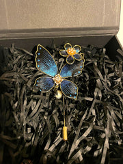 The Ronghua Butterfly Brooch — sapphire silk velvet-flower butterfly with pearl drop, gold stick pin, in its gift box