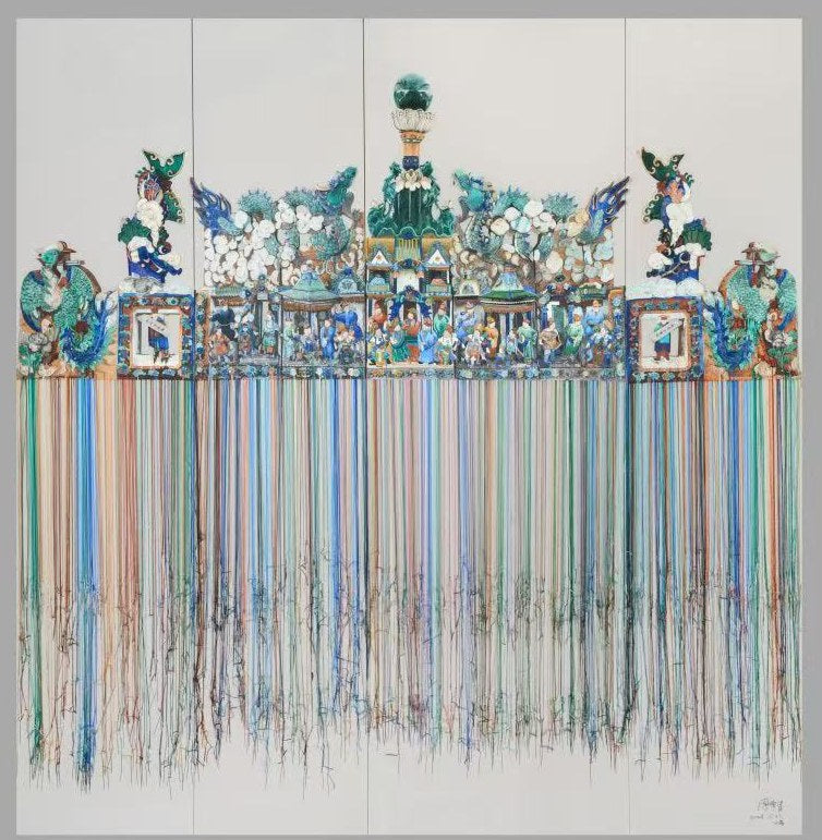 Springs and Autumns on the Ridge — silk and ceramic embroidery of a temple roof ridge with hanging threads, by Joni Zhou