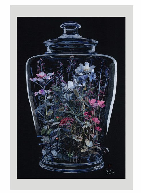 Self-Portrait — silk embroidery of wildflowers in a glass vessel, by Joni Zhou and Rachel Liang